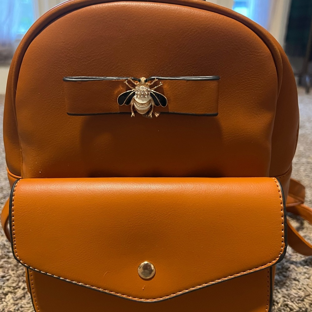Mini Brown Leather Backpack with Bee Accent - Picture 1 of 4